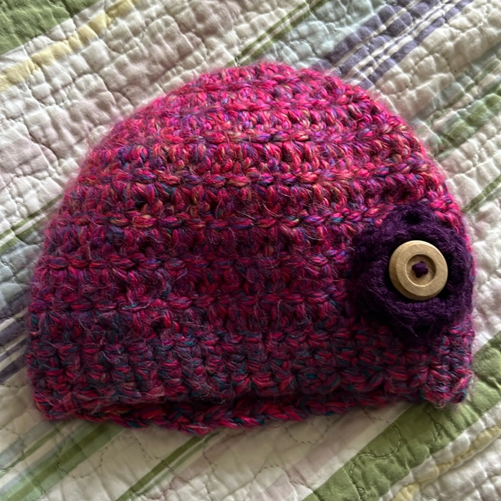 Knit Cap Hat Hand Crafted Pink Purple Wool (be)
